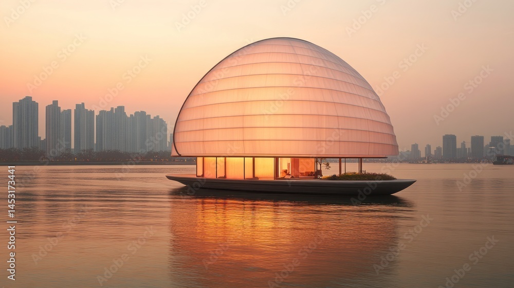 Obraz premium Illuminated dome pavilion floats on city lake at sunset