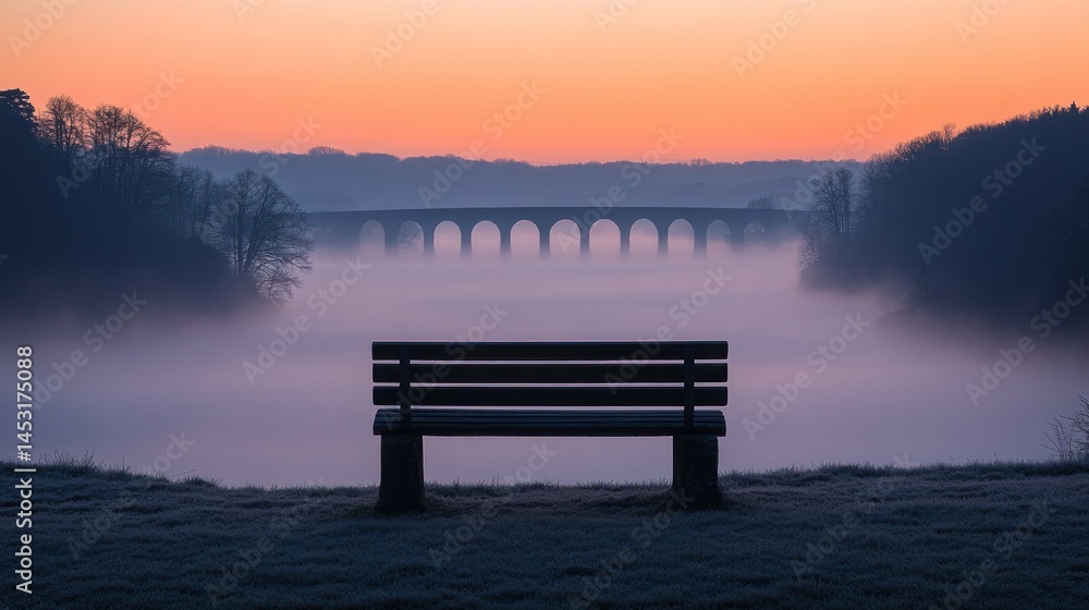 Naklejka premium Misty sunrise bench view, viaduct, calm, serene