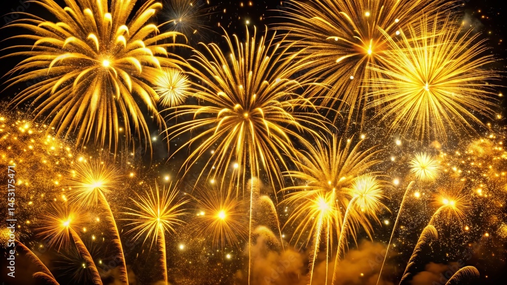 Naklejka premium Golden Festive Fireworks Display at Night - Low Light Photography