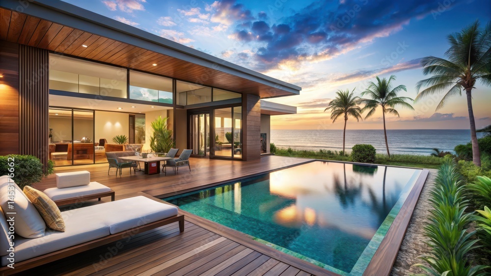 Fototapeta premium A luxurious pool villa with a spacious living area and sliding glass doors leading to an expansive outdoor deck overlooking a serene tropical sea view in summer , tropical resort, beachfront property