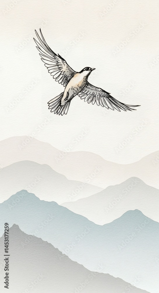 Obraz premium Bird flying over mountains drawing illustration scenic landscape art print design for posters and canvas
