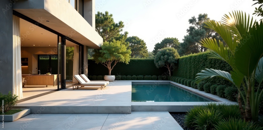 Fototapeta premium Modern minimalist home, private garden terrace, residential, grass, house