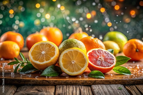 Juicy Citrus Fruits with Water Droplets on Rustic Wooden Table - Stock Photo