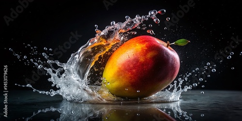 Juicy Mango with Water Drops & Splashes - Isolated Black Background Stock Photo