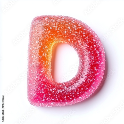 Jelly gummy candy D alphabet shape,  sprinkle of sugar, orange and pink color, fruity flavor