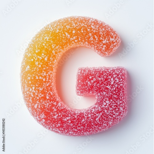 Jelly gummy candy G alphabet shape,  sprinkle of sugar, orange and pink color, fruity flavor