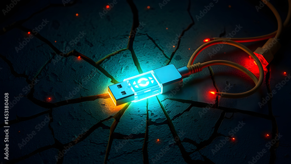 Glowing USB Drive in Cracked Surface Digital Data Storage Concept