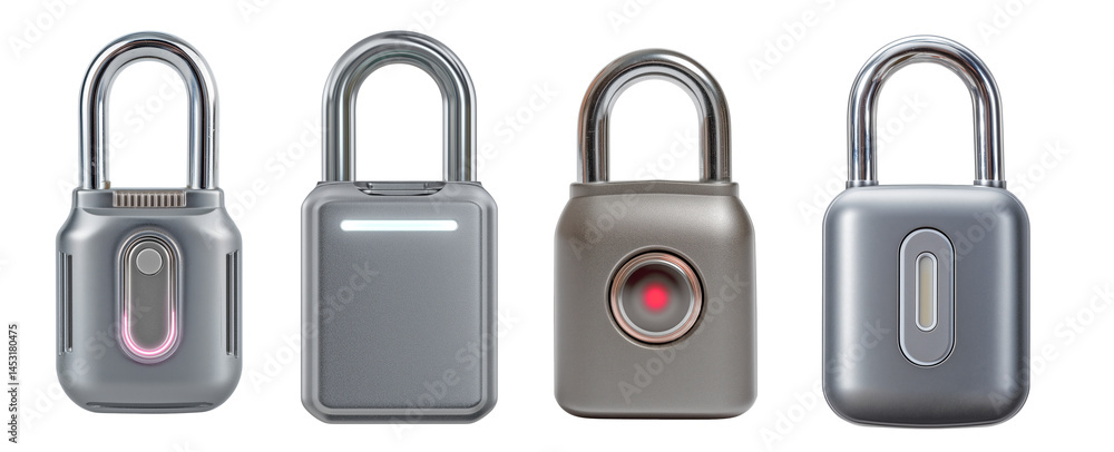 Set of modern smart padlocks with LED indicators and fingerprint sensors on transparent background, technology security lock collection for digital access, smart home, or IoT product design Set of modern smart padlocks with LED indicators and fingerprint sensors on transparent background, technology security lock collection for digital access, smart home, or IoT product design