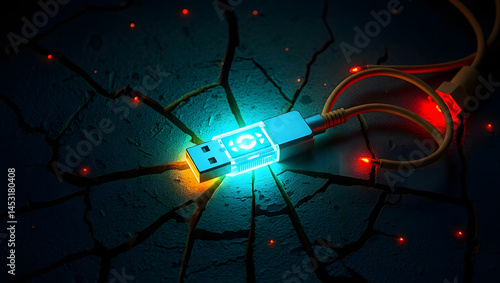 Obraz na płótnie Glowing USB Drive in Cracked Surface Digital Data Storage Concept w salonie