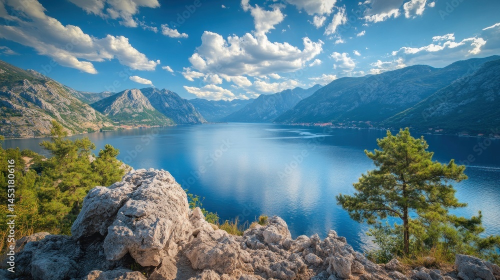 Obraz premium Serene Mountain Lake Vista: A Breathtaking Panorama of Nature's Majesty