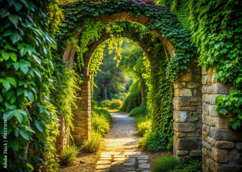 Obraz premium Lush Garden Path Framed by Ivy-Covered Stone Archway Leading to Distant Building