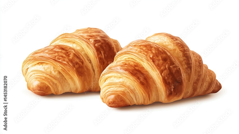 Two golden croissants, light brown, flaky layers, appetizing Two golden croissants, light brown, flaky layers, appetizing