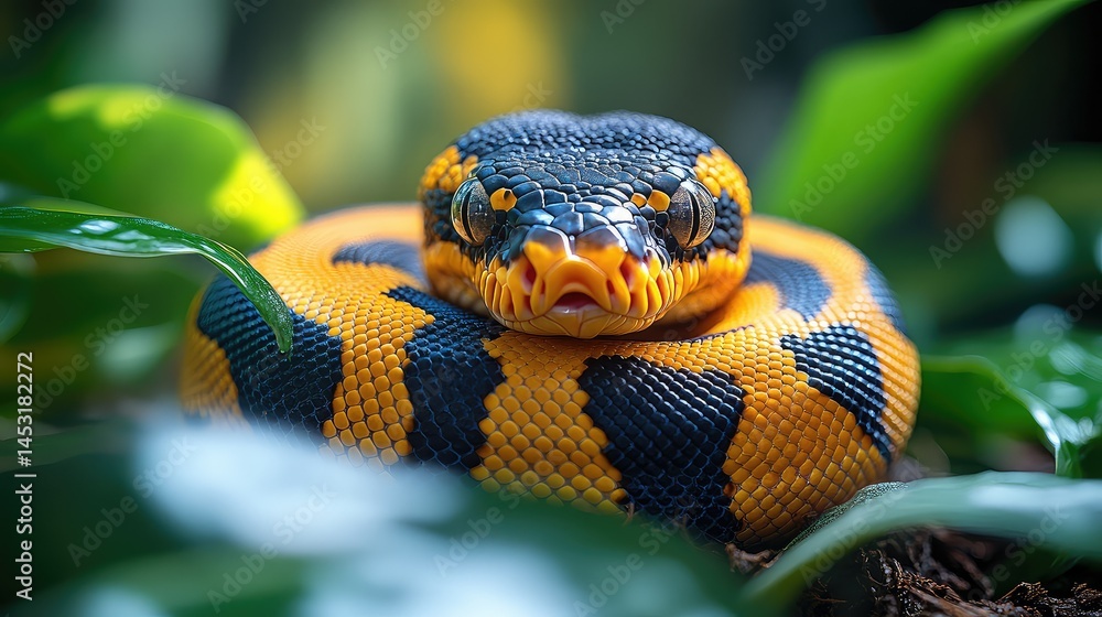 Fototapeta premium Sumatran blood python coiled in leaves.