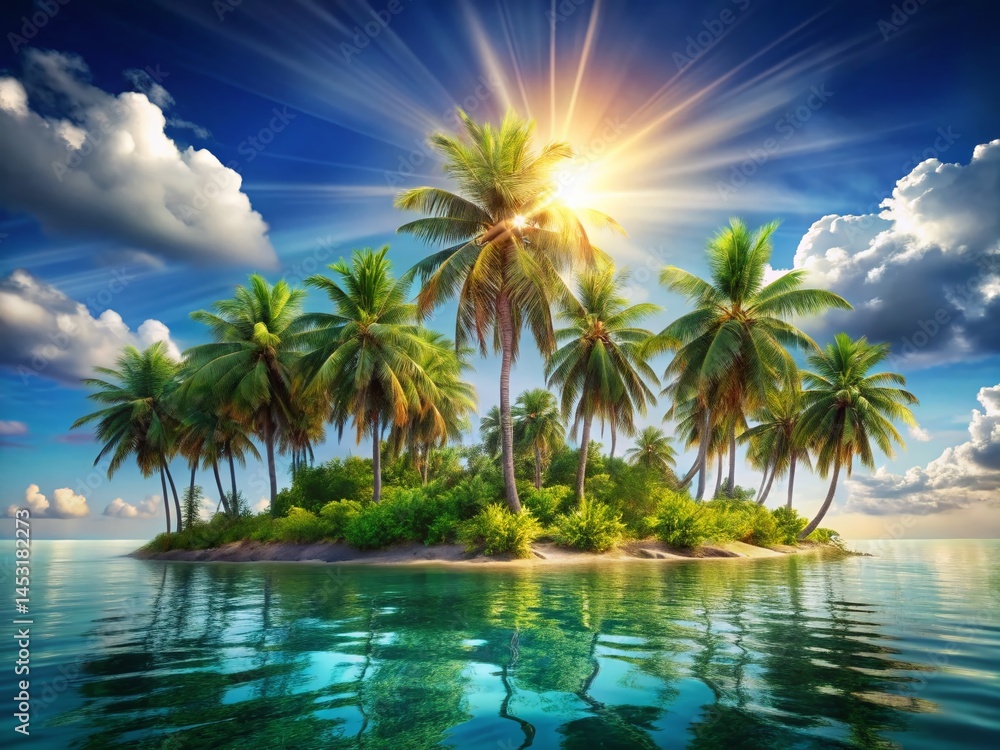 Lush Tropical Island Paradise: Palm Trees on PNG Background - Stock Photo Lush Tropical Island Paradise: Palm Trees on PNG Background - Stock Photo