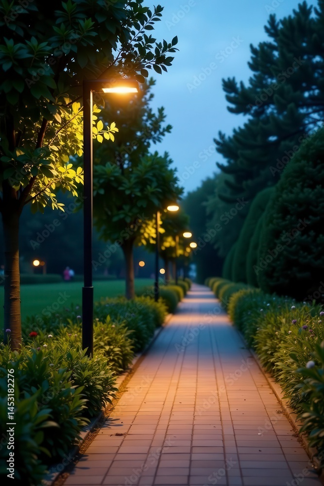 Fototapeta premium Sleek LED streetlight illuminates modern walkway at dusk, lush greenery surrounds , energy efficient, walkway, design