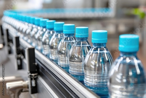 Water bottles on a conveyor belt in factory, ready to be packaged and shipped.