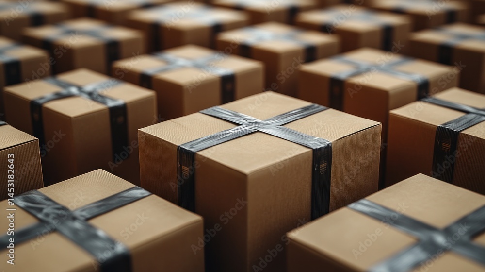 Stacked cardboard boxes, taped shut