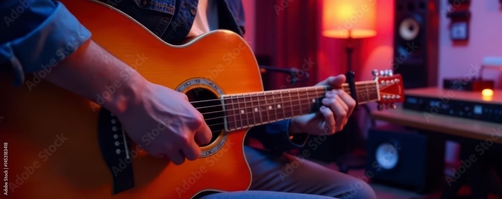 Naklejka premium Home studio setup, guitar in focus, podcasting equipment, home, studio, podcast