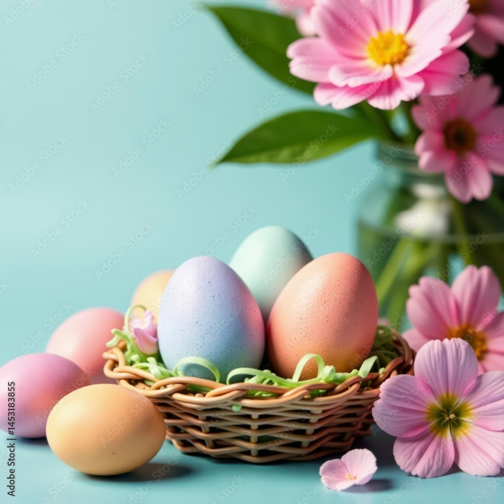 Pastel eggs nestled in a spring flower arrangement, pattern, floral design, colorful Pastel eggs nestled in a spring flower arrangement, pattern, floral design, colorful