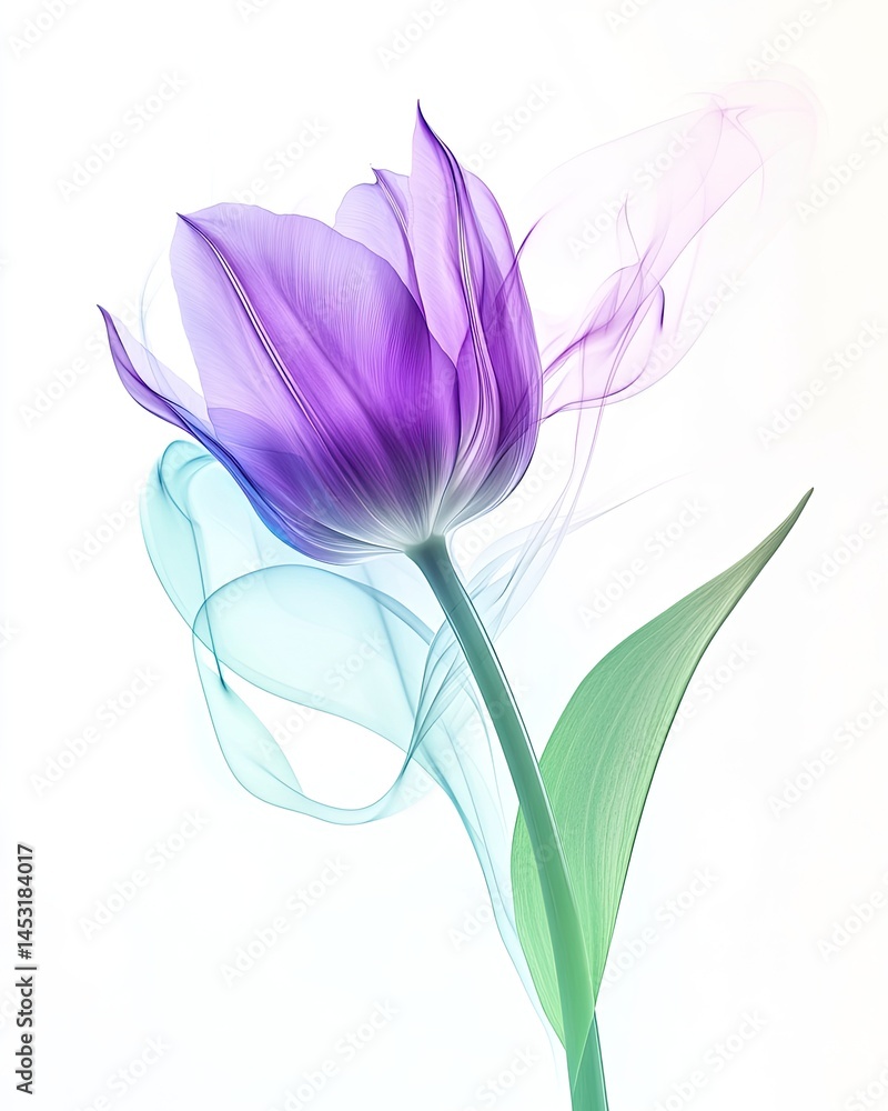 Naklejka premium Delicate purple tulip with ethereal smoke-like tendrils Soft, pastel colors create a wispy, dreamlike effect Light and airy, with a single stem and leaves
