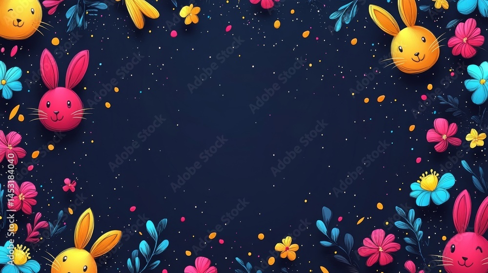 Colorful cartoon bunnies and flowers frame a dark background. Colorful cartoon bunnies and flowers frame a dark background.