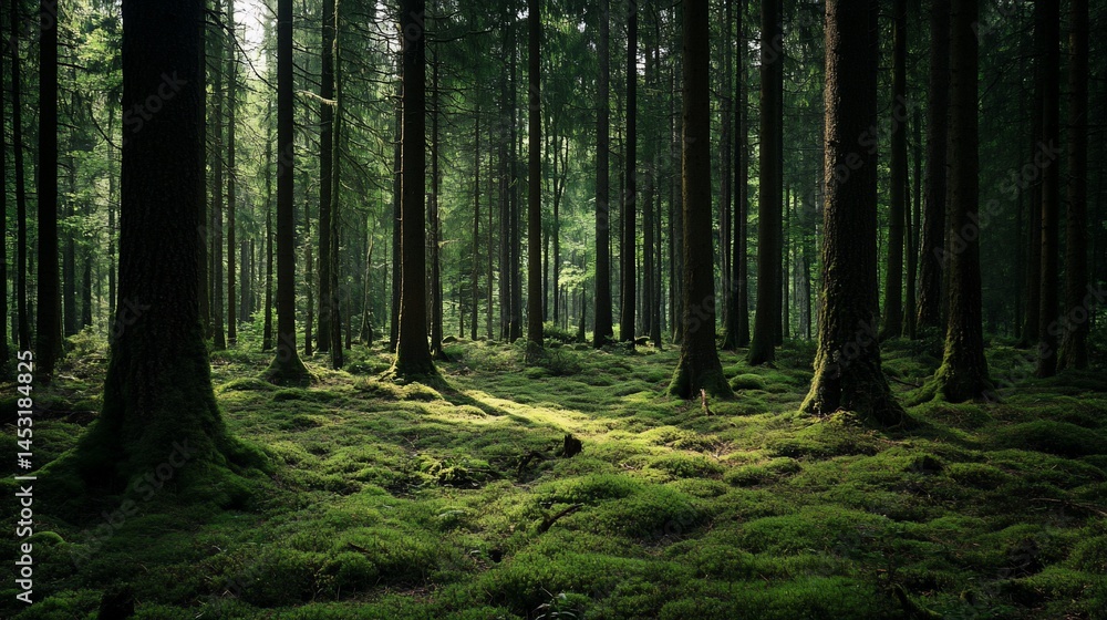 Obraz premium Mystical Forest: Sunlight Filtering Through Tall Trees and Mossy Ground