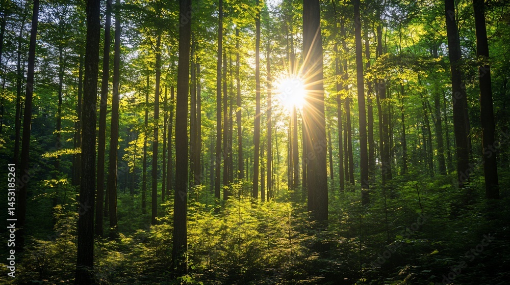 Fototapeta premium Sunlight Filtering Through Verdant Trees in a Lush Forest Scene