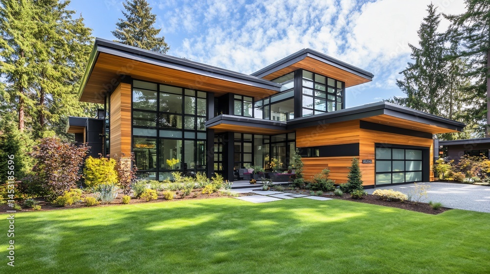 Captivating Exterior of Modern Home with Expansive Windows and Green Lawn Captivating Exterior of Modern Home with Expansive Windows and Green Lawn