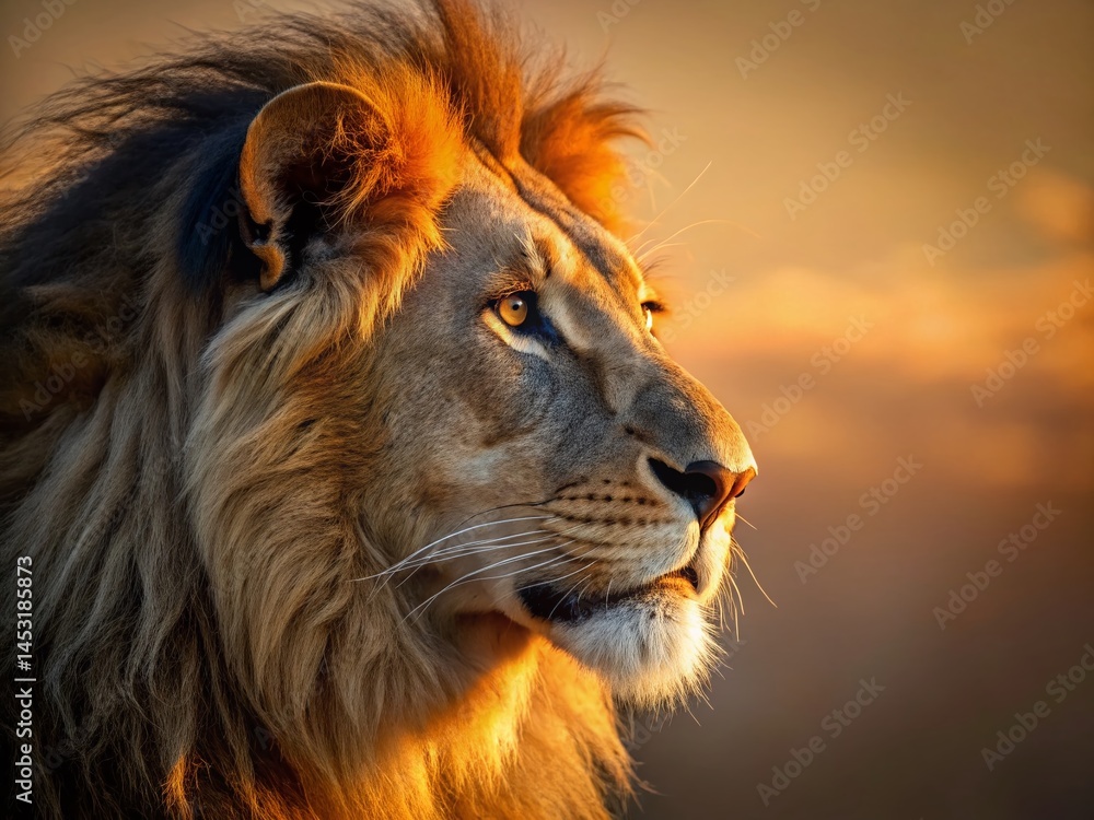 Naklejka premium Majestic Lion Profile: Close-Up Evening Minimalist Photography