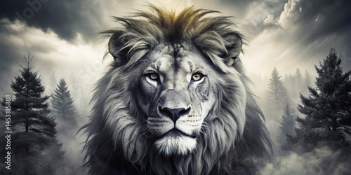 Majestic Lion King: Double Exposure Black & White Forest Photography