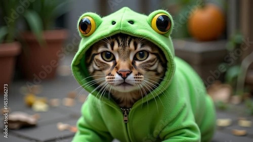 Adorable Kitten in Frog Costume Posing Outdoors Autumn Leaves Background Pet Animals