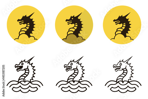 Stormy ocean waves with dark mythical sea dragon and threatening lightning in a dramatic and powerful icon set