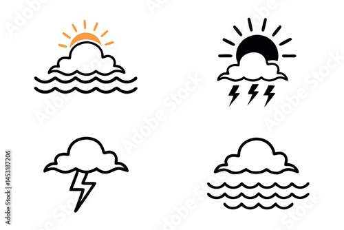 stormy sea at night with massive lightning bolts striking the ocean, dramatic turbulent waves and dark cloudy sky, icon set
