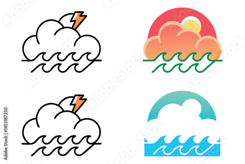 turbulent stormy ocean waves crashing under dark cloudy sky with powerful lightning bolts, dramatic weather, icon set