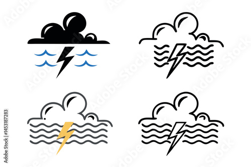 massive waves and ocean storm under lightning storm, turbulent weather with dramatic effect, lightning and dark clouds, icon set