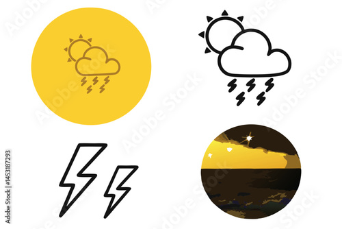 massive thunder waves and ocean storm under lightning storm, turbulent weather with dramatic effect, lightning and dark clouds, icon set