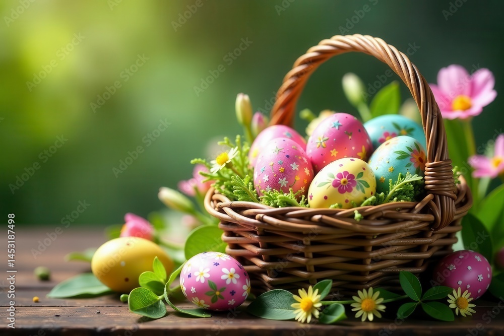 Intricately designed Easter eggs overflowing from rustic baskets, surrounded by wildflowers , traditional, basket Intricately designed Easter eggs overflowing from rustic baskets, surrounded by wildflowers , traditional, basket