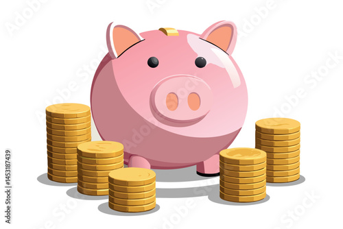 Cute 3D pink piggy bank with golden coins stacked around it, representing financial planning, savings, and investment