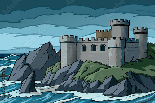 A medieval fortress standing tall on a cliff overlooking the ocean, with violent waves crashing and dark storm clouds gathering in the sky