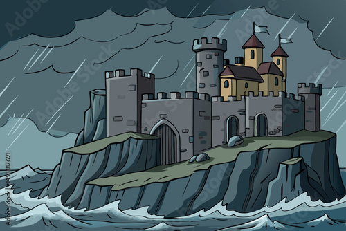 Stormy scene featuring a medieval stone castle on a cliff with turbulent ocean waves crashing, conveying a sense of power and isolation