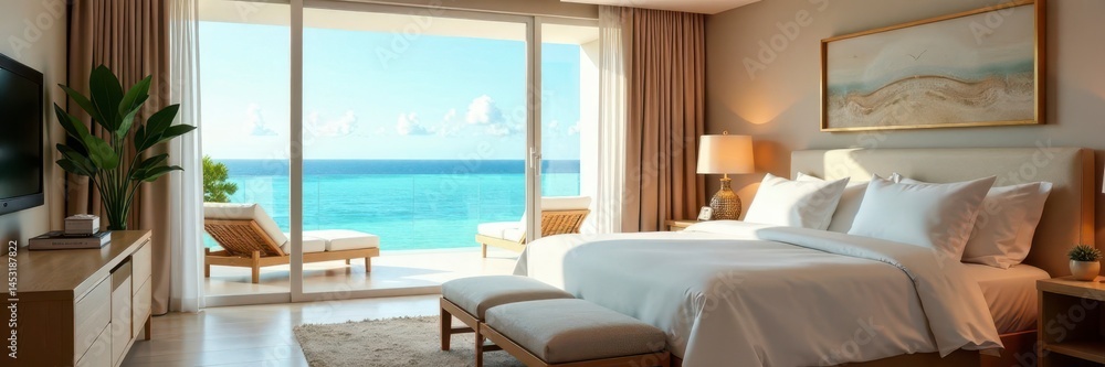 Fototapeta premium Serene beachfront bedroom, ocean view Luxurious bedding, calm decor , luxury, tropical, seascape
