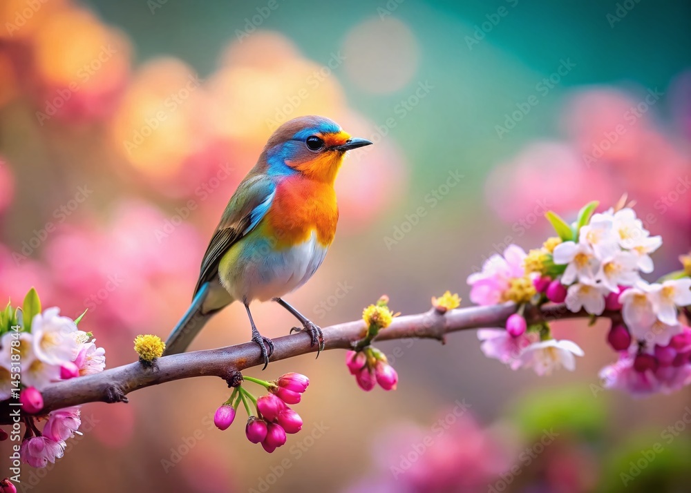 Miniature Bird Perched on Branch, Tilt-Shift Photography, Spring Nature Scene Miniature Bird Perched on Branch, Tilt-Shift Photography, Spring Nature Scene