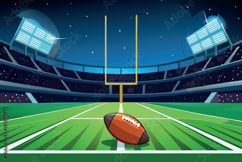 football field with glowing lights and a flying football, set in an energized stadium environment perfect for sports and competition