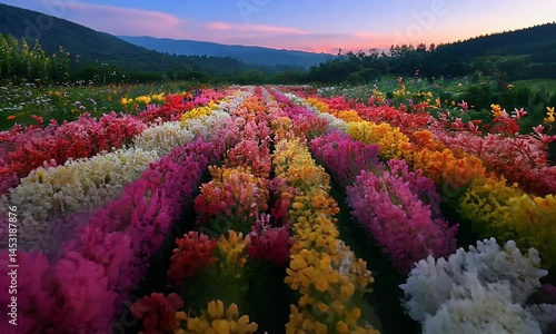 Vibrant Flower Fields Under Sunset Sky with Colorful Blooms in Full Bloom Across A Scenic Landscape Video Animation