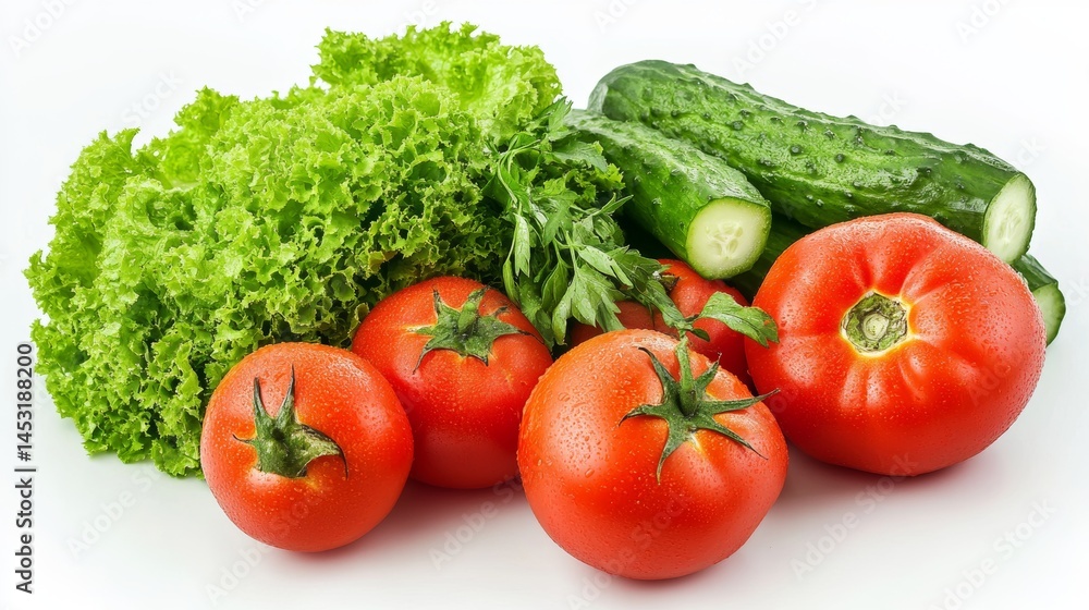 Fresh tomatoes, cucumbers, and lettuce displayed together on a clean surface in natural light Fresh tomatoes, cucumbers, and lettuce displayed together on a clean surface in natural light