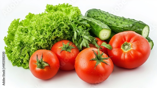 Fresh tomatoes, cucumbers, and lettuce displayed together on a clean surface in natural light