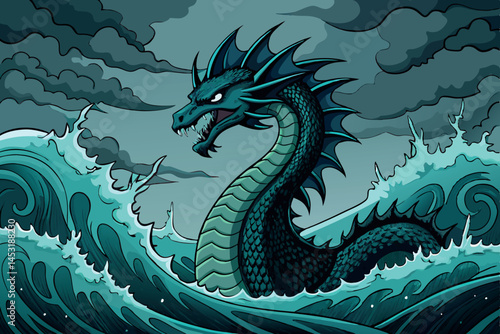 Illustration of a dark mythical sea dragon emerging from turbulent ocean waves under a stormy sky, symbolizing power and mystery of the sea