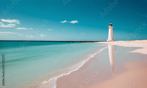 Vibrant Lighthouse Reflected in Calm Waters on a Sunny Beach Along the Coastline Video Animation