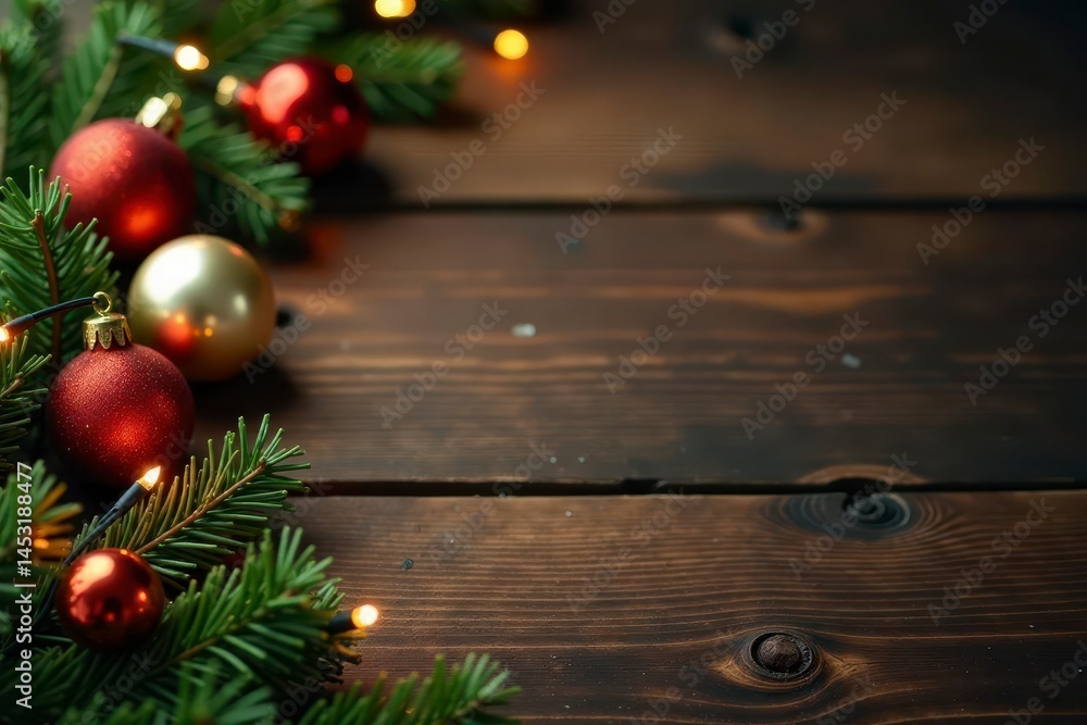 Assorted ornaments, garland, lights on rustic wood , bell, decorating Assorted ornaments, garland, lights on rustic wood , bell, decorating