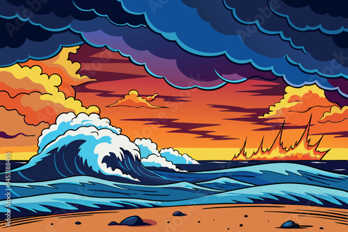 dramatic seascape with crashing waves, dark storm clouds, and bright lightning, capturing the intense power of the ocean